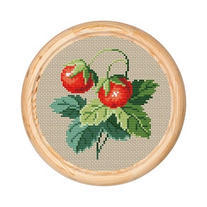 May include: A cross-stitch embroidery featuring two red strawberries with green leaves and stems, set against a beige background. The artwork is framed in a round, light-coloured wooden hoop, showcasing a handcrafted, botanical theme.