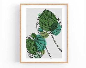Monstera Leaf Cross Stitch Pattern, Color Block Tropical Plant Chart, Teal Green Wall Art, Beginner Friendly, Instant Download PDF