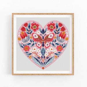 Modern kruissteekpatroon Flower Heart Love, Valentijnsdag borduurontwerp, kruissteekkaart, vlinder xstitch, Instant download pdf