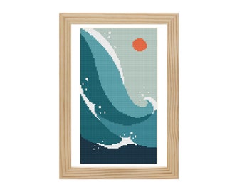 Schema Punto Croce Astratto Paesaggio Moderno, Schema Punto X Onde Oceaniche, Schema Punto Croce Piccolo, Design Natura, Download Istantaneo PDF