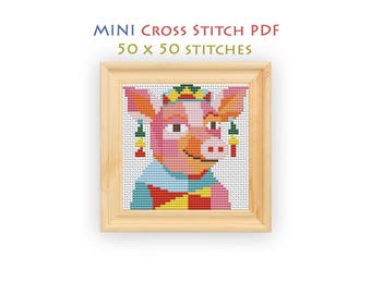 Abstract Pig Cross Stitch Pattern, Mini Chart for Beginners, Colorful Farm Animal Embroidery Design, Instant Download PDF