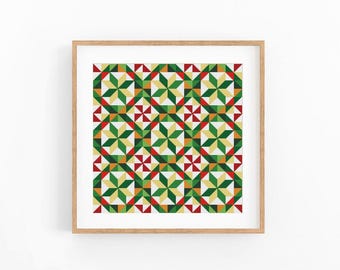 Quilt Star Cross Stitch Pattern, Red Green and Gold Patchwork Chart, Geometric Wall Art, Beginner Friendly, Instant Download PDF