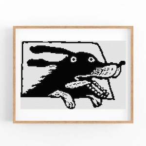 May include: Black and white illustration of a dog peeking out from behind a wall. The dog has a long snout and large ears.