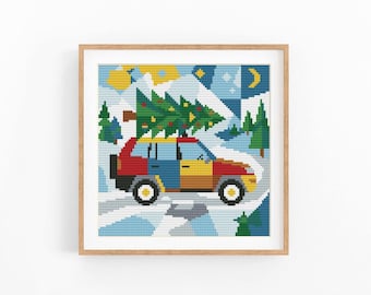 Modern Christmas Car Cross Stitch Pattern, Winter Scene with Xmas Tree, Instant Download PDF