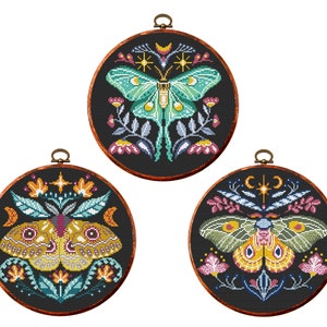 Set of 3 Folk Butterfly Cross Stitch Pattern, insect nature cross stitch, Moth Embroidery. Modern counted xstitch. Instant download PDF.