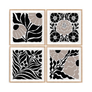 Conjunto de 4 patrones de punto de cruz boho modernos, punto de cruz de naturaleza abstracta negra, planta, gráfico de punto de cruz contado pequeño. Descarga instantánea en PDF