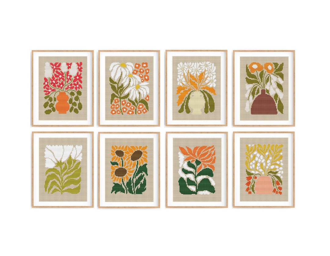 モダンな花のクロスステッチ図案8点セット、抽象的な自然のクロス