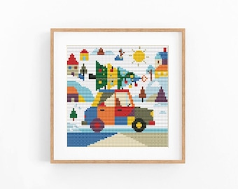 Christmas Car Cross Stitch Pattern, Modern Abstract Village Scene, Instant Download PDF