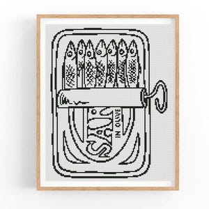 Patrón de punto de cruz de lata de sardinas, gráfico de arte lineal de hojalata vintage, diseño de punto de cruz de cocina monocromática en PDF