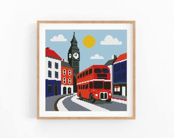 London Bus Cross Stitch Pattern, Big Ben PDF, English Travel Wall Art, Instant Download