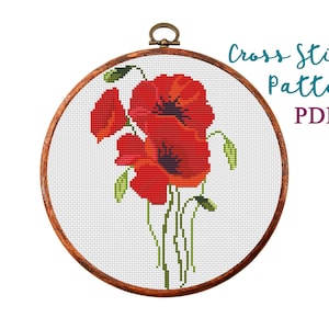 Cross Stitch Pattern. Poppies. Meadow flowers. Counted cross stitch chart. Nature hoop art embroidery. Small xstitch. Instant download PDF