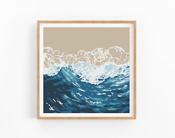May include: A cross stitch pattern of a blue ocean wave with white foam crashing against a beige sandy beach.
