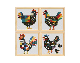 Set of 4 Hen Cross Stitch Pattern, Rooster Chicken Colorful X-Stitch, Modern Farmhouse Chart, Instant Download PDF