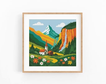 Alpine landscape, Switzerland Cross Stitch Pattern: Seascape Chart (PDF Download)