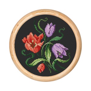 Patrón de punto de cruz con flores antiguas, diseño de punto de cruz antiguo, bordado en lana de Berlín, ramo de flores, flores de bordado moderno, gráfico en PDF