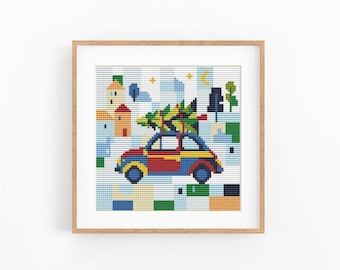Christmas Car Cross Stitch Pattern, Modern Abstract Xmas Tree, Instant Download PDF
