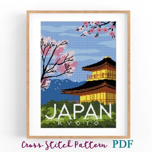 Kreuzstichmuster Japan Kyoto. Retro Reiseposter. Kreuzstichvorlage. Kunst Landschaft. Malerischer Anblick. Sakura. PDF Sofortdownload.