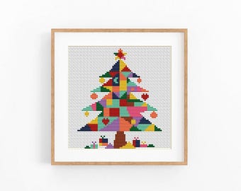 Modern Christmas Tree Cross Stitch Pattern, Geometric Patchwork Chart, Colorful Xmas, PDF Instant Download