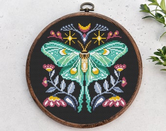 Butterfly cross stitch pattern, Woodland insect nature cross stitch, Moth Folk Embroidery. Modern counted xstitch chart.Instant download PDF