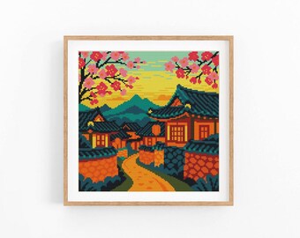Japan Landscape Cross Stitch Pattern, Cherry Blossom Village PDF, Sakura Sunset Wall Art, Instant Download
