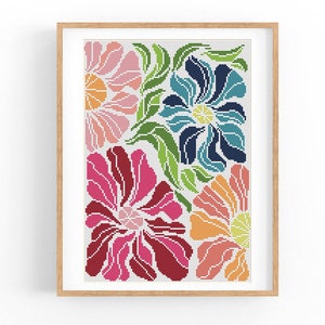 Kruissteekpatroon modern bloemen abstract, moderne bloemen, eenvoudig x-steekpatroon, kruissteekkaart, natuurpatroon, pdf direct downloaden