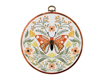 Cross stitch pattern, Butterfly, Flowers, Folk, nature cross stitch, Scandinavian, Modern counted cross stitch chart.Instant download PDF