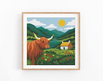 Highland Cow Cross Stitch Pattern, Scottish Mountain Landscape PDF, Travel Wall Art, Instant Download