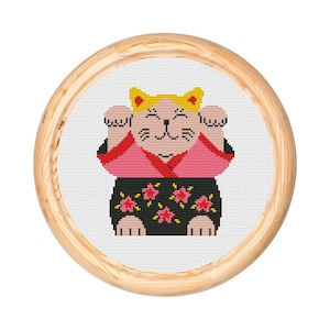 Maneki Neko Lucky Cat Modern Cross Stitch Pattern PDF. Japanese Fortune Cat X Stitch, Counted cross stitch chart. Instant download PDF