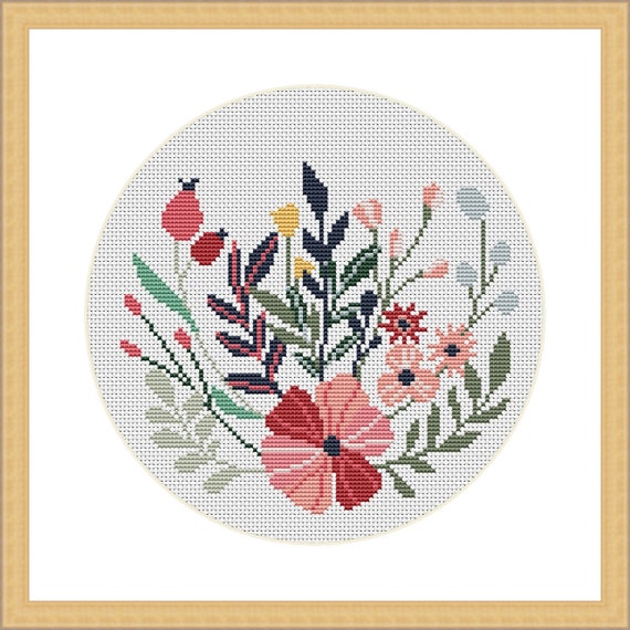 Cross Stitch Pattern Floral Bouquet. Pink Flowers Counted