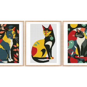 Set of 3 Cross Stitch Pattern Cat Abstract, Modern x-stitch Pattern, Cross Stitch Chart, Kitten Lover Gift Pattern, Instant Download PDF