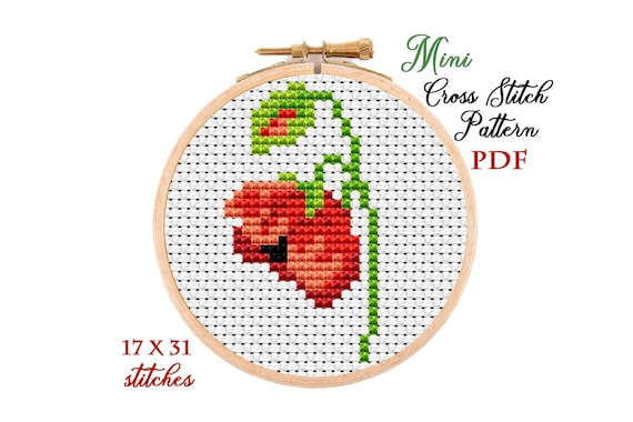 Mini Cross Stitch Pattern. Poppies. Counted Cross Stitch Chart