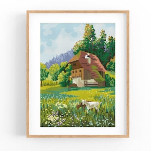 Vintage Cross Stitch Pattern, Landscape, Summer, Spring Mountain, House, Antique Cross Stitch Design, Small Embroidery, Instant Download PDF