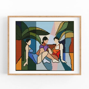 Puede incluir: Un patrón de punto de cruz con tres figuras en un entorno estilizado. Las figuras se representan en un estilo geométrico con colores llamativos, como azul, verde, naranja y morado. El fondo presenta una palmera estilizada y un patrón geométrico.