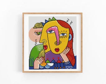 Large Abstract Cross Stitch Pattern, Colorful Modern Portrait x-stitch Chart, Vibrant Concept Art, Instant Download PDF