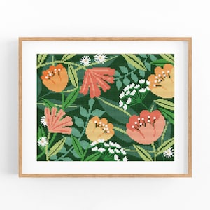 Kruissteekpatroon modern bloemen abstract, roze bloemen, eenvoudig x-steekpatroon, kruissteektabel, natuurpatroon, pdf direct downloaden