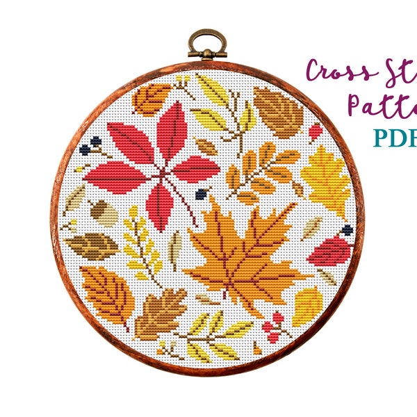 Fall cross stitch pattern, Autumn Leaves, Fall x-stitch PDF, Thanksgiving, Autumn Season Hand Embroidery. Modern counted cross stitch chart.