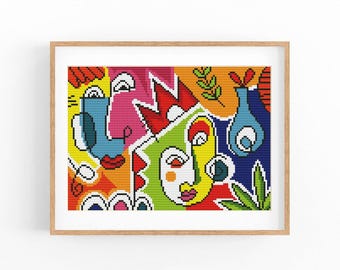 Abstract Cross Stitch Pattern, Colorful Modern Portrait X-Stitch Chart, Vibrant Concept Art, Beginner Friendly, Instant Download PDF