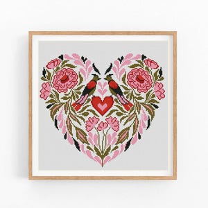 Padrão de ponto cruz moderno Flor Coração Amor, design de bordado para o Dia dos Namorados, gráfico de ponto cruz, ponto cruz para iniciantes, download instantâneo em PDF.