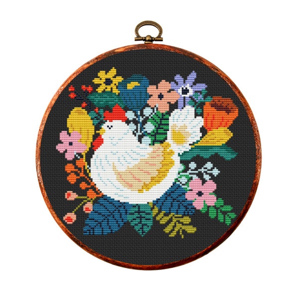 Cross stitch pattern. Flowers and hen. Folk counted cross stitch chart. Nature hoop art embroidery. Small x-stitch. Instant download PDF.