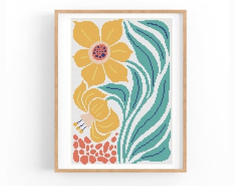 Cross Stitch Pattern Modern Floral Abstract, Boho flowers, Easy x-stitch Pattern, Cross Stitch Chart, Nature Pattern, Instant Download PDF