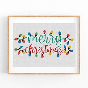 Merry Christmas Cross Stitch Pattern, Modern Cross Stitch Pattern, Holidays Cross Stitch Pattern,Christmas Lights Tree, Instant Download PDF