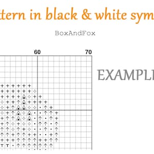May include: A cross-stitch pattern example with black and white symbols on a grid. The text "Pattern in black & white symbols" is at the top, with "BoxAndFox" below it. The word "EXAMPLE" is on the right side.