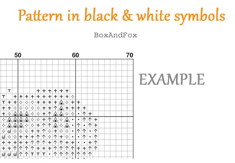 May include: A cross-stitch pattern example with black and white symbols on a grid. The text "Pattern in black & white symbols" is at the top, with "BoxAndFox" below it. The word "EXAMPLE" is on the right side.