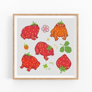 Strawberry frog Cross Stitch Pattern PDF, Funny Frog Modern x-stitch Pattern, Cross Stitch Chart, Fruit Pattern, Instant Download PDF