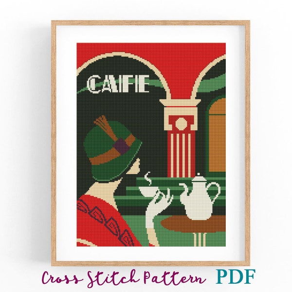 Art Deco Cafe. Cross stitch pattern. PDF embroidery design. Art Deco Embroidery. Vintage Pattern. Instant download PDF. Point de croix.