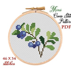 Mini Cross Stitch Pattern. Blueberry. Counted cross stitch chart. Fruit hoop art embroidery. Tiny xstitch for beginner. Instant download PDF
