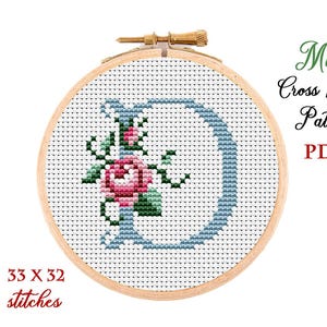 Letra floral D, mini padrão de alfabeto em ponto cruz, flor monograma, amostrador de ponto cruz contado, bordado inicial, download digital em PDF