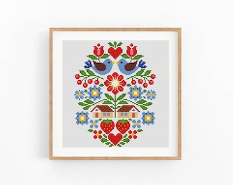 Folk Flowers Bird Cross Stitch Pattern Counted PDF Instant Download, Folk Art Embroidery, Floral Bird X-Stitch Chart, Nature Needlework