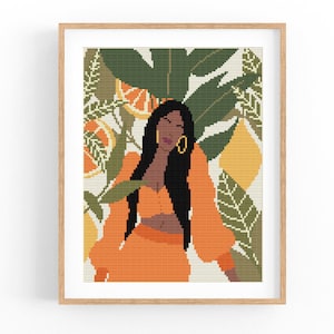 Kruissteekpatroon Modern tropisch abstract, vrouw, plant xstitch patroon, citrus, kruissteekschema, natuur, Instant Download PDF