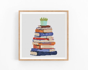 Stack of Books Cross Stitch Pattern, Read More Books Chart, Instant Download PDF